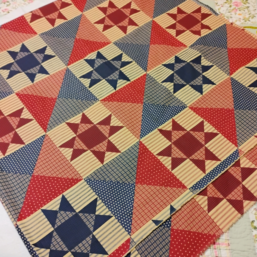 Patchwork Star Quilt Top Fabric in Red, Navy & Cream